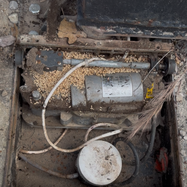 Fourmis dans moteur de portail électrique à Mougins Colonie de fourmis à l'intérieur d'un moteur de portail électrique en panne à Mougins